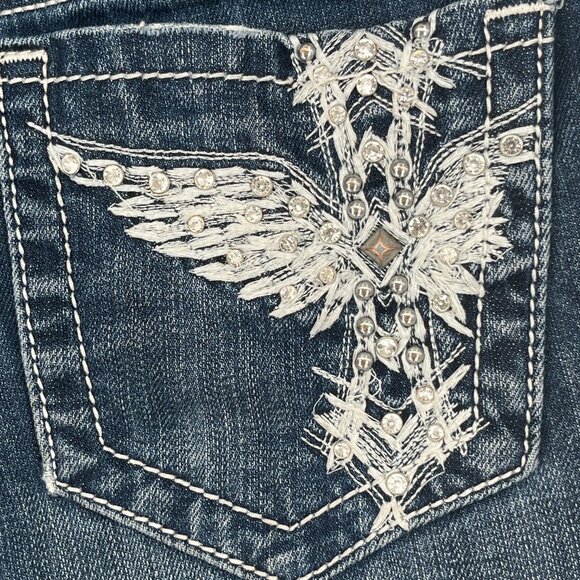 Miss Me Angel Wing Jean Shorts Low Rise Rhinestone Pocket Y2K Western Glam - Picture 5 of 10